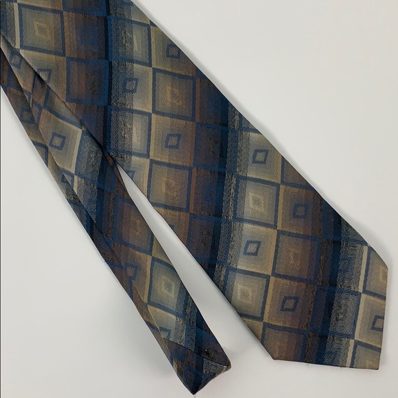 Serica Brown Blue Geometric Print Silk Tie 20PE - Picture 3 of 3